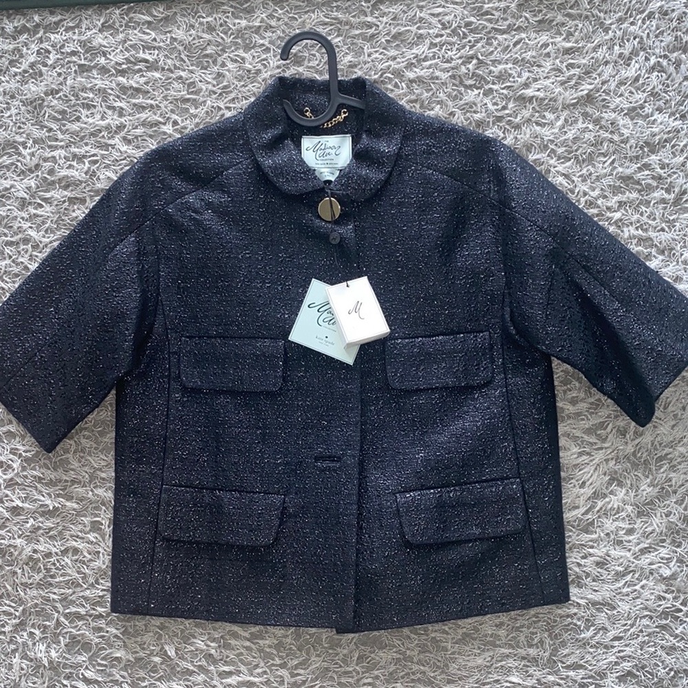 Kate Spade Madison Ave short sleeve black tweed blazer with gold buttons